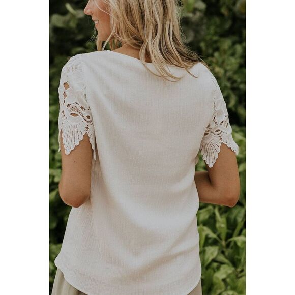 Roolee Cream Chambray Lace Sleeve Top Plus Size - Picture 1 of 5